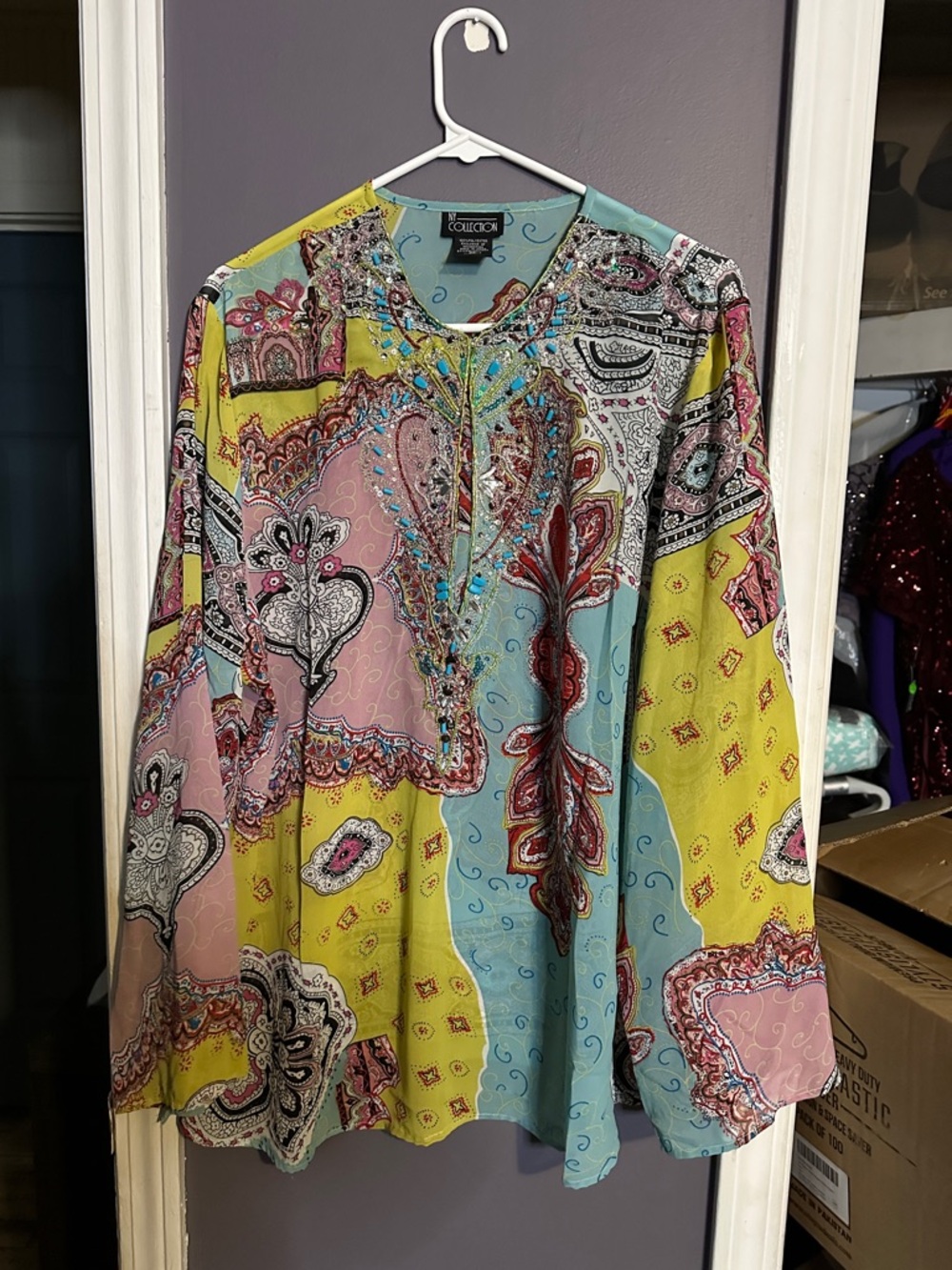 NY Collection Multicolor Paisley-Print Long Sleeve Blouse — Yellow, Pink, Blue
